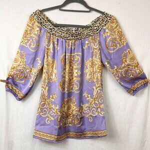 Cache Satin Off Shoulder Peasant Top Women XS Y2K Baroque Gold Greek 00s Leopard
